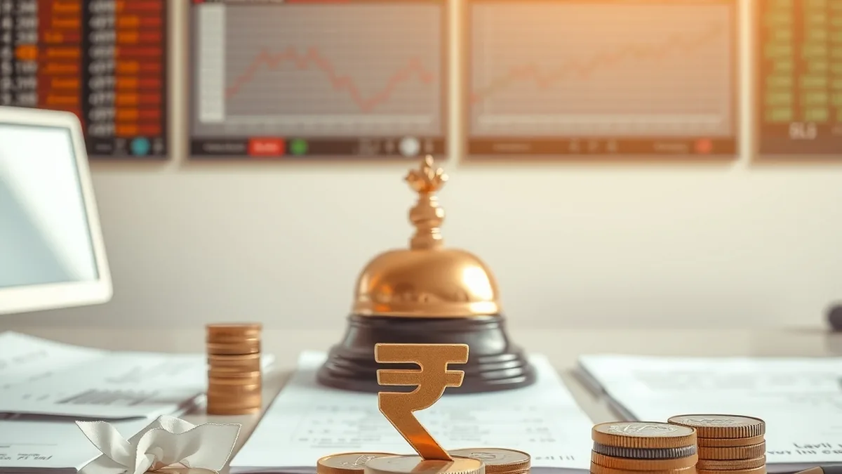 Trading bell and coins with a rupee symbol, representing IPO listings
