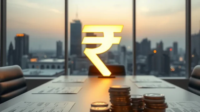 Large rupee symbol and coins on a boardroom table with a city skyline, representing the Jio Platforms IPO