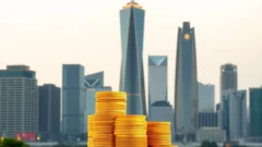 Stack of coins beside a rising tower against a city skyline at dawn, representing a large IPO
