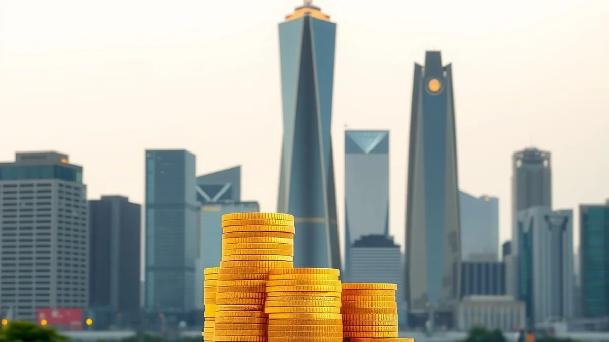 Stack of coins beside a rising tower against a city skyline at dawn, representing a large IPO