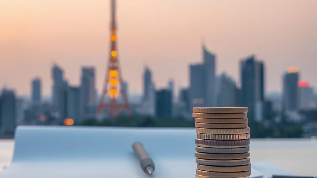 Telecom tower over a city skyline with rupee coins, representing the Jio Platforms IPO