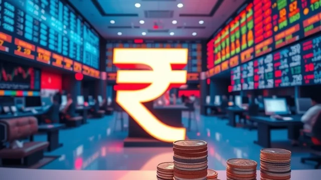 Rupee symbol and coins on a stock exchange floor, representing the Jio Platforms IPO