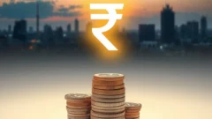 Skyline with a rupee symbol, coins and a telecom tower representing the Jio Platforms IPO
