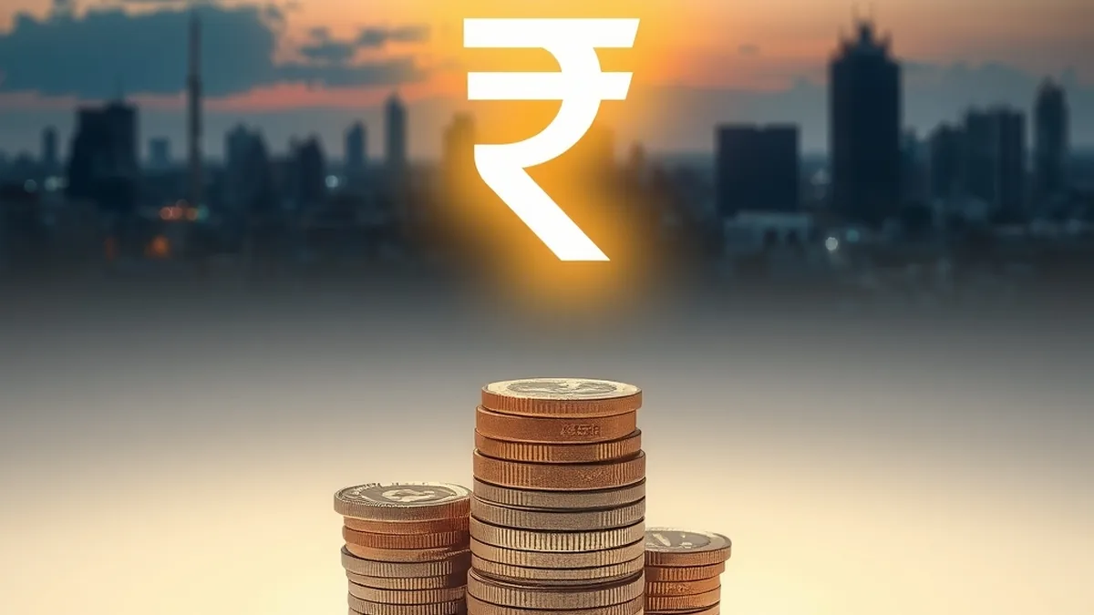 Skyline with a rupee symbol, coins and a telecom tower representing the Jio Platforms IPO