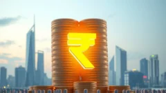 Coins and a rupee symbol before a city skyline, representing record investor interest in a large IPO