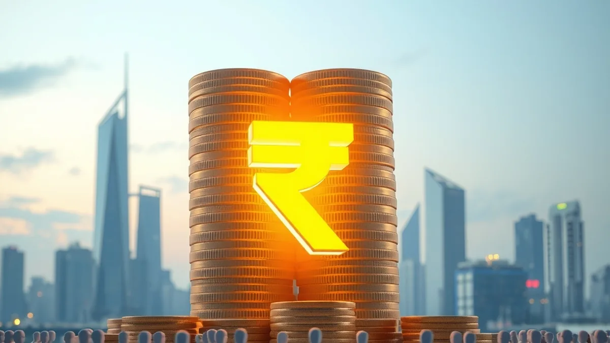 Coins and a rupee symbol before a city skyline, representing record investor interest in a large IPO
