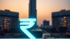 Office tower at dusk with a rupee symbol and coins, representing the Jio Platforms IPO