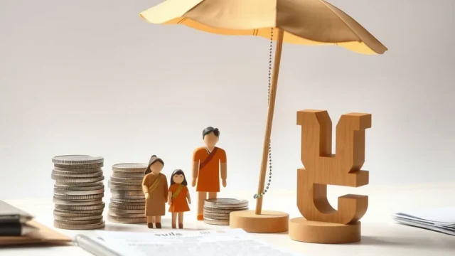 Family figurines under an umbrella beside coins and a rupee symbol, representing life insurance and tax