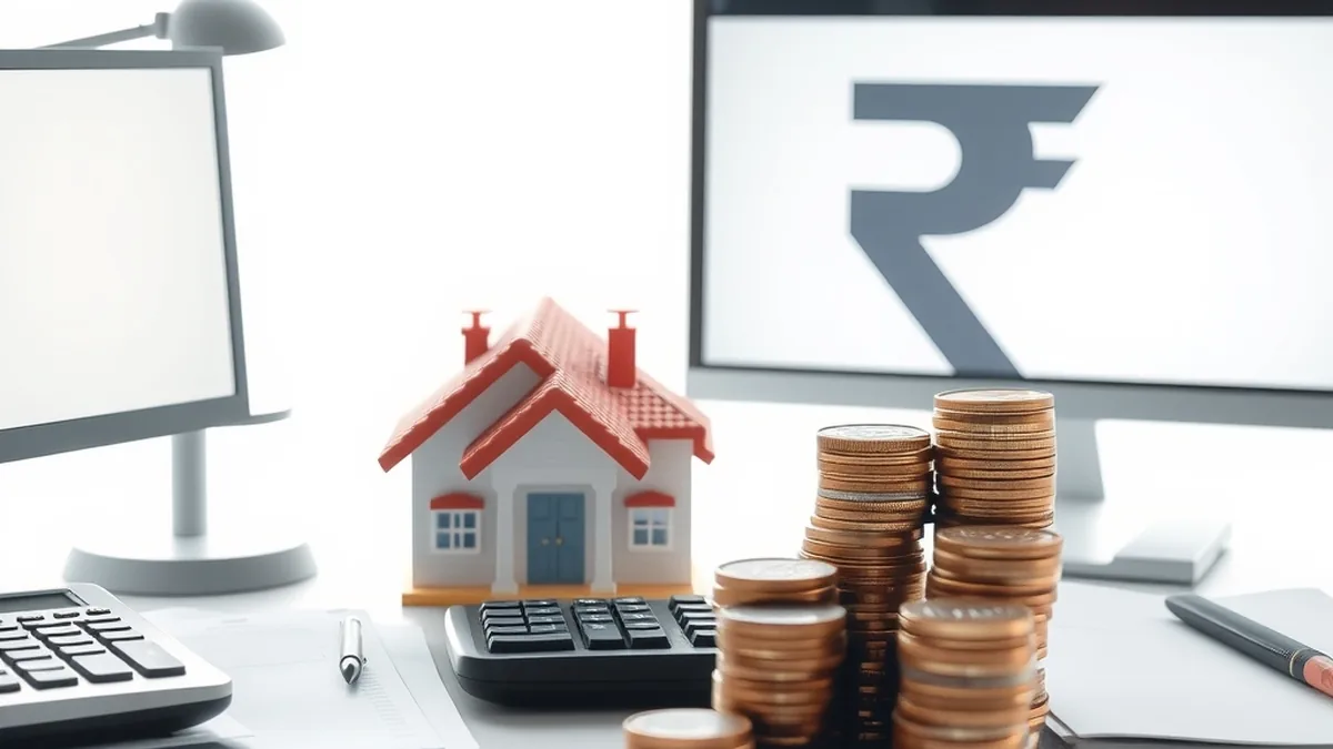 Desk with model house, calculator and coins, illustrating what is an NBFC and how it lends