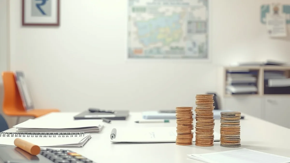 Rupee symbol and coins on a desk representing direct tax collections