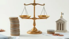 Balance scale with coins and a small model bank, illustrating how to read bank results