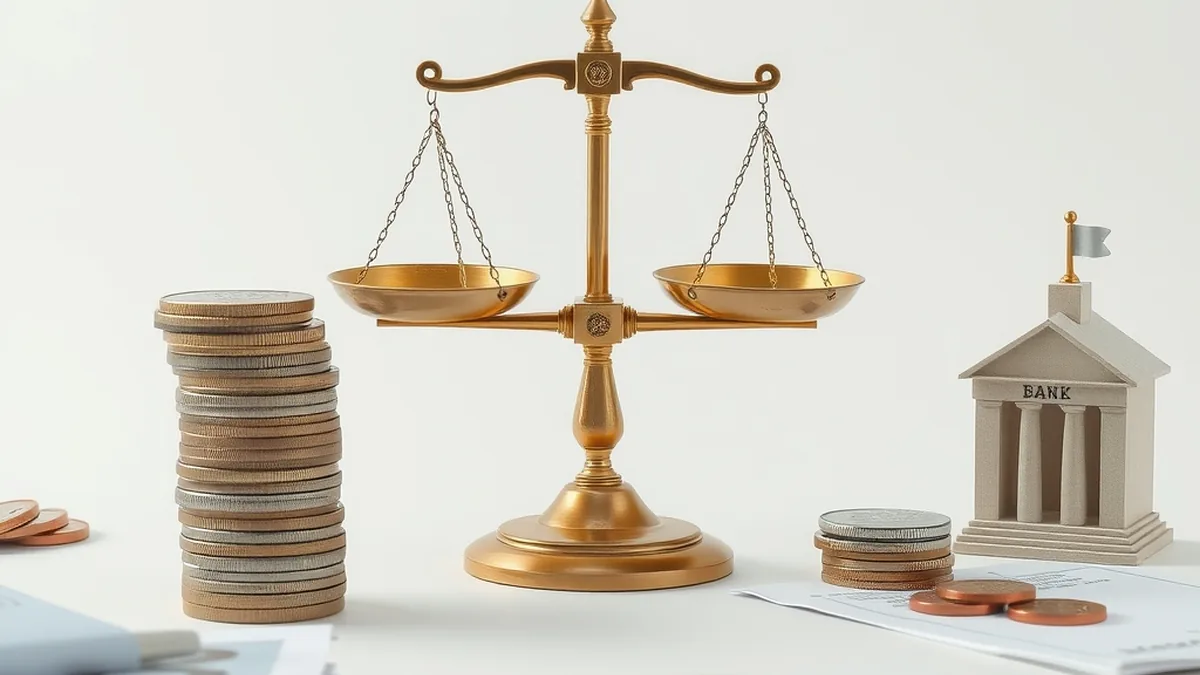 Balance scale with coins and a small model bank, illustrating how to read bank results