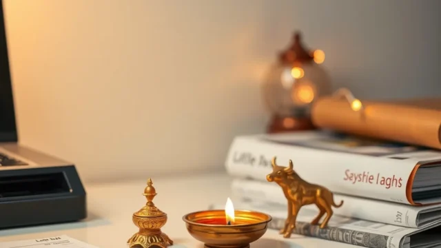 A calm festive scene with a brass diya lamp beside a small bull figurine on a desk, warm evening light