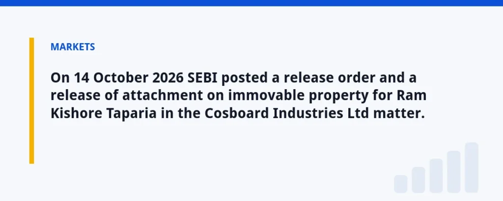 On 14 October 2026 SEBI posted a release order and a release of attachment on immovable property for Ram Kishore Taparia in t