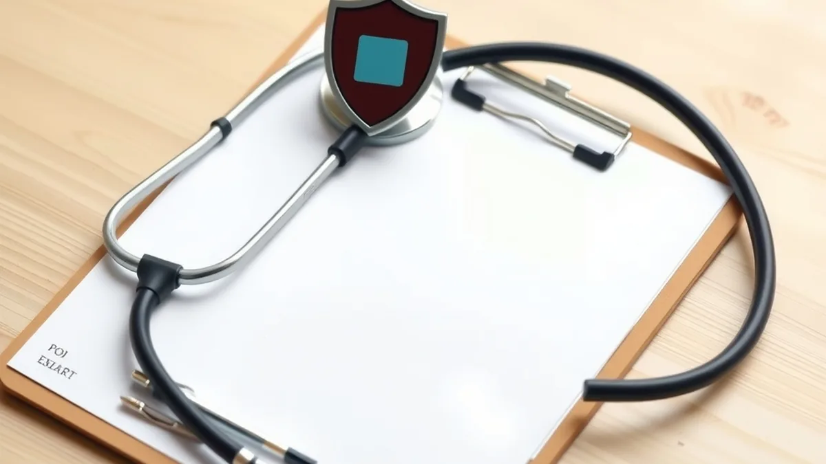 Stethoscope, clipboard and shield model representing health insurance disclosure