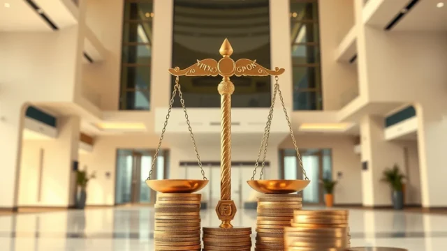 Stylised government office scene with a balance and coins, representing tax administration in Qatar