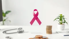 Pink awareness ribbon and stethoscope on an office desk, representing a workplace breast cancer awareness event