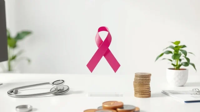 Pink awareness ribbon and stethoscope on an office desk, representing a workplace breast cancer awareness event