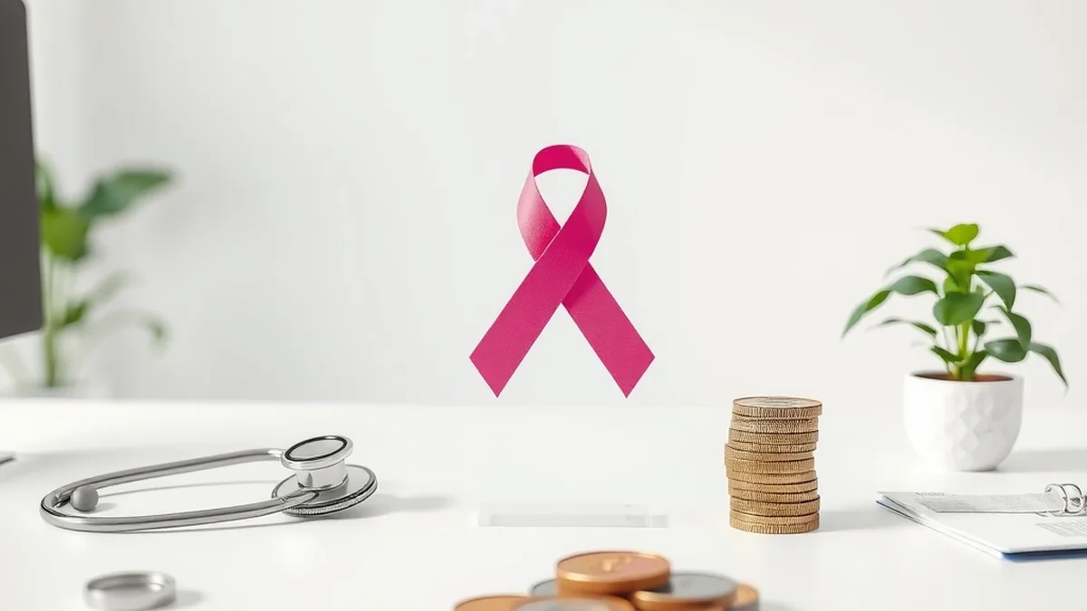 Pink awareness ribbon and stethoscope on an office desk, representing a workplace breast cancer awareness event