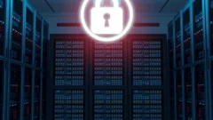 Server room with a padlock symbol representing data centre and cyber security