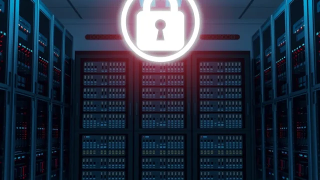 Server room with a padlock symbol representing data centre and cyber security