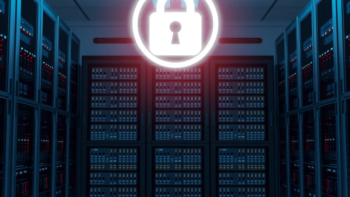 Server room with a padlock symbol representing data centre and cyber security