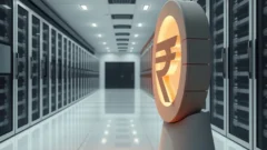 Server racks and a padlock symbol representing secure financial data infrastructure in India