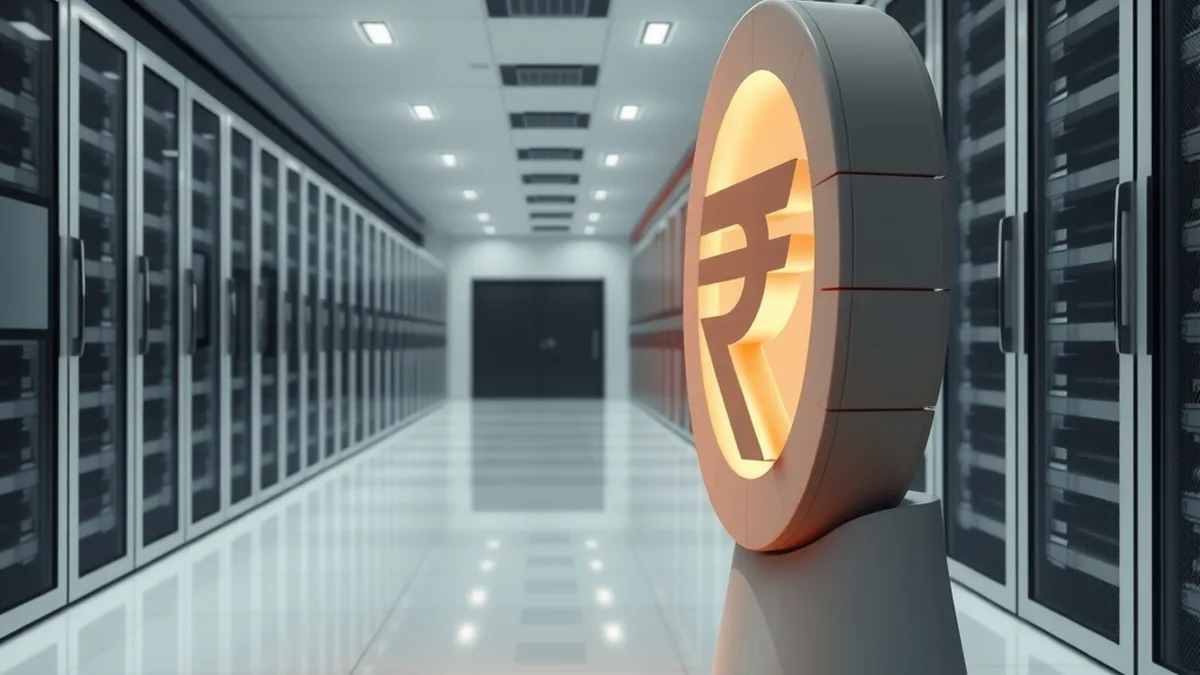 Server racks and a padlock symbol representing secure financial data infrastructure in India