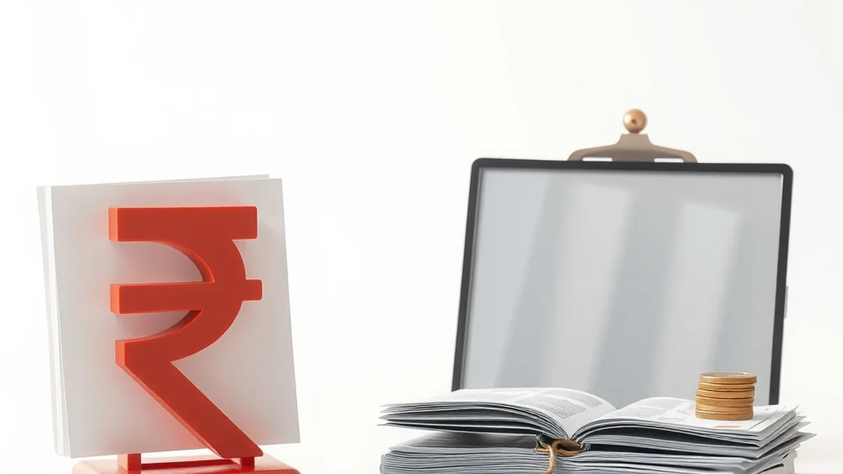A calm banking-themed scene with a large rupee symbol beside a balance scale and a closed ledger on a desk