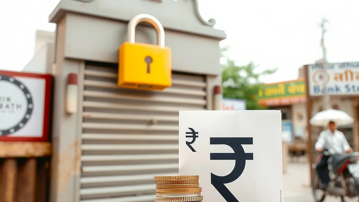 Closed bank shutter with padlock and coins, representing RBI restrictions on a co-operative bank
