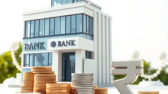 Two bank branches joining as puzzle pieces beside coins, representing a bank merger in India