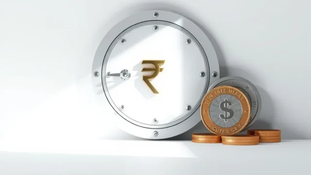 Vault door with rupee and dollar coin symbols representing RBI forex reserve rules