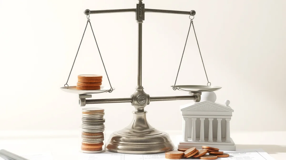 Balance scale weighing coins against a model bank, representing bank leverage rules