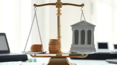 Weighing scale balancing coins against a model bank building, representing bank capital rules