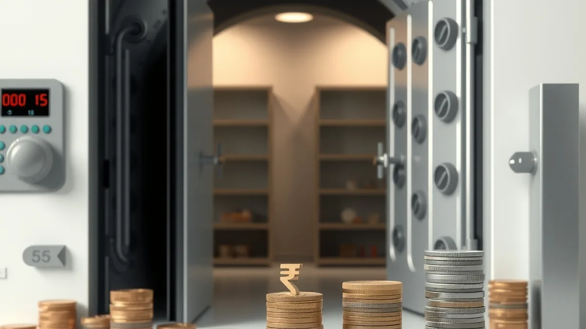 Bank vault with rupee notes and a balance scale, illustrating a cash reserve on forex derivatives