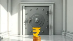 Bank vault with coins and rupee symbol representing bank capital requirements