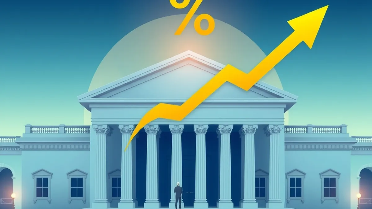 Illustration of a central bank building with an upward arrow, representing RBI's October 2026 rate hike