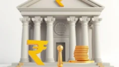 Balance scale with coins and a rupee symbol in front of a bank building, representing banks' position statement