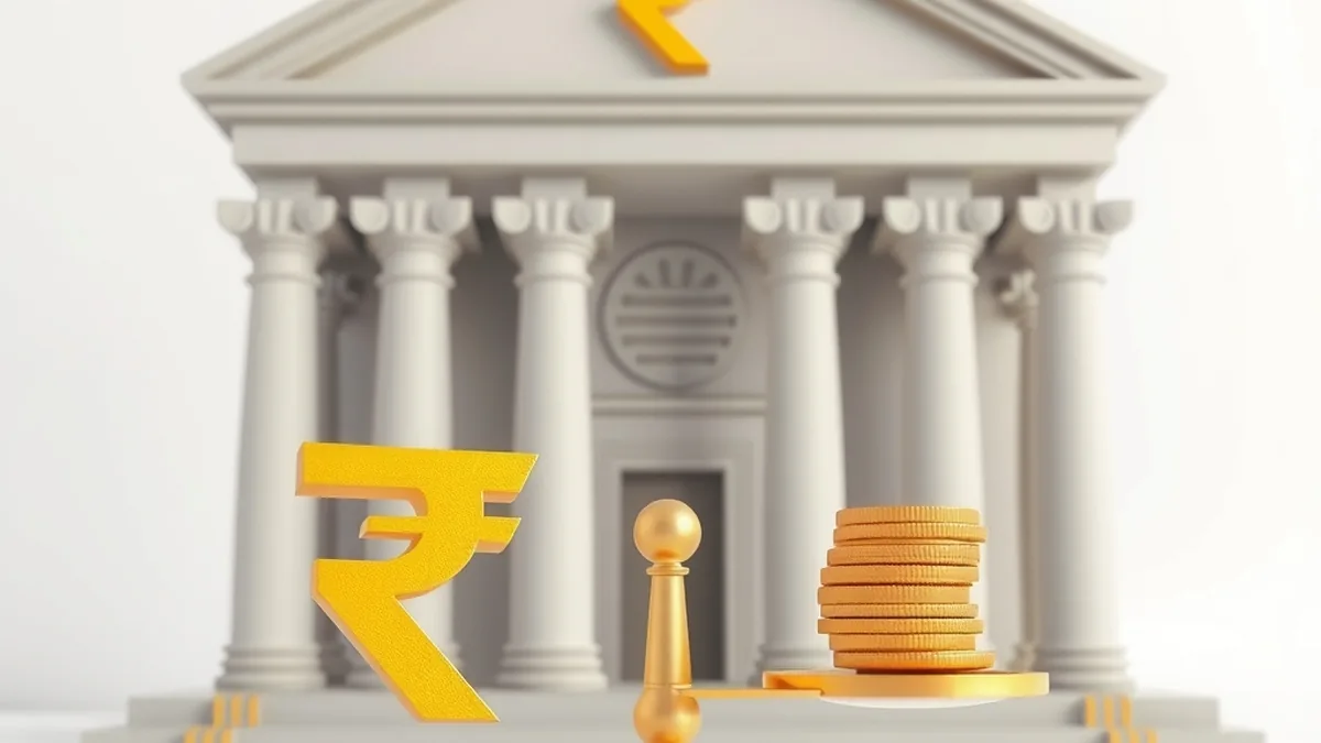 Balance scale with coins and a rupee symbol in front of a bank building, representing banks' position statement