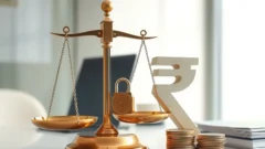 Scale and padlock beside a rupee symbol in a bank office, representing sanctions compliance