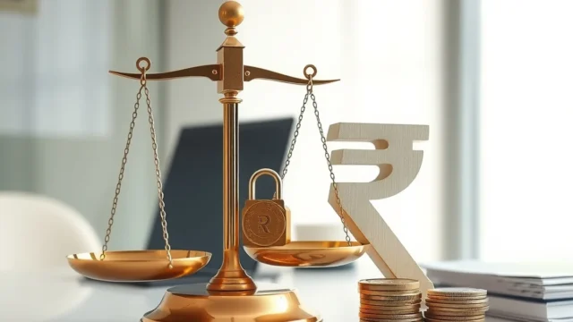 Scale and padlock beside a rupee symbol in a bank office, representing sanctions compliance