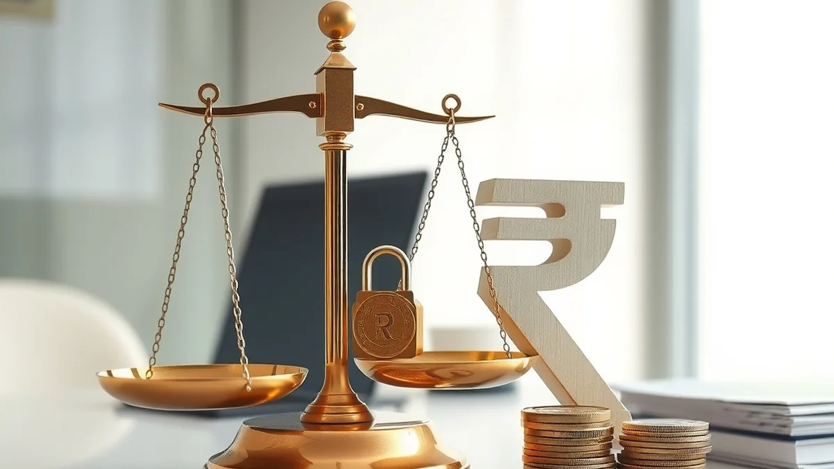 Scale and padlock beside a rupee symbol in a bank office, representing sanctions compliance