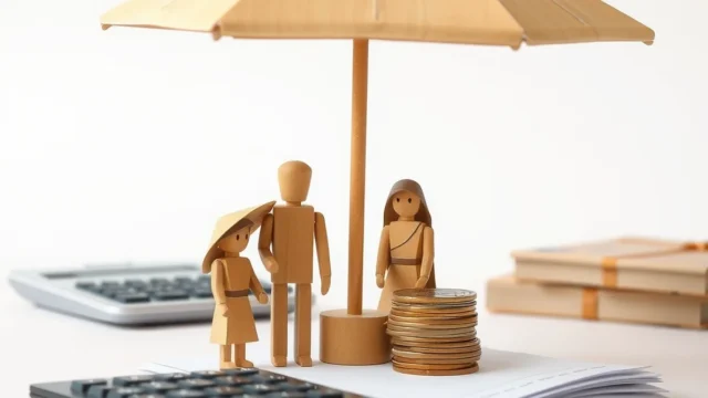 Family figures under an umbrella beside coins, representing life insurance cover