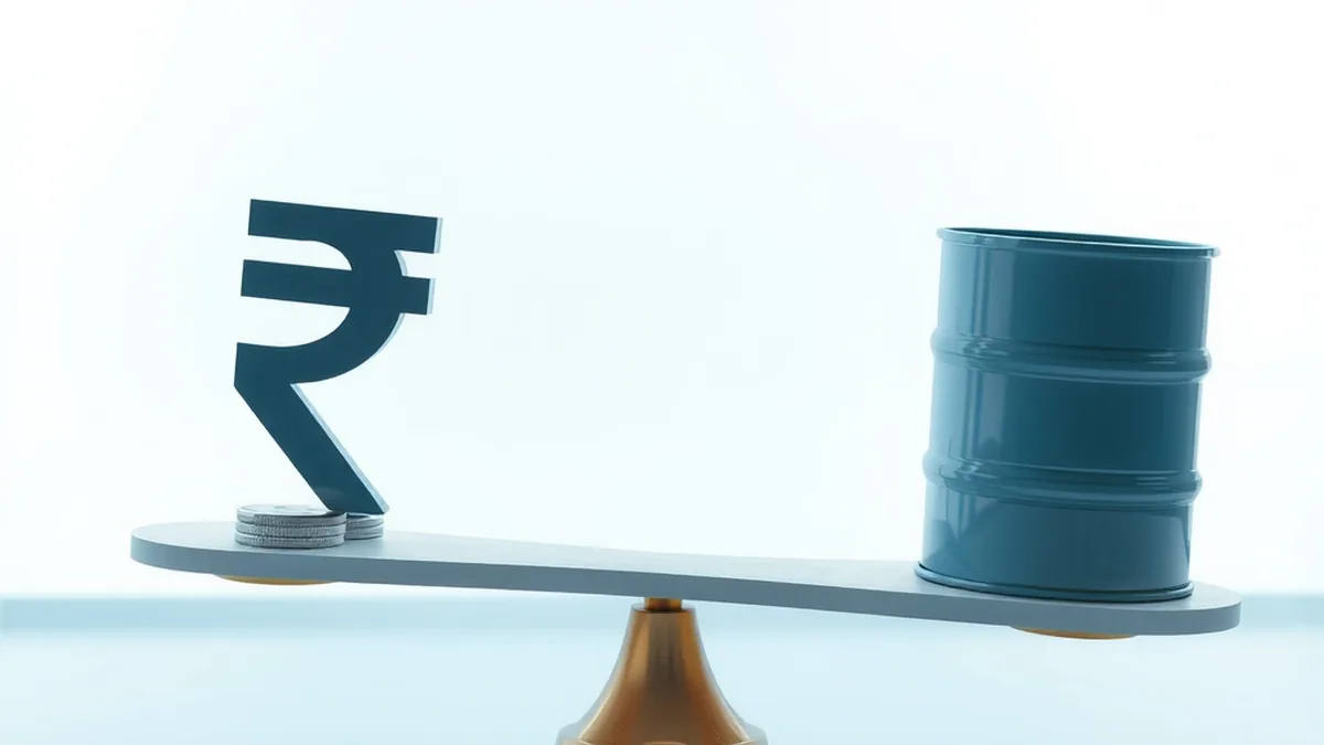 Rupee and dollar symbols balanced on a seesaw next to an oil barrel