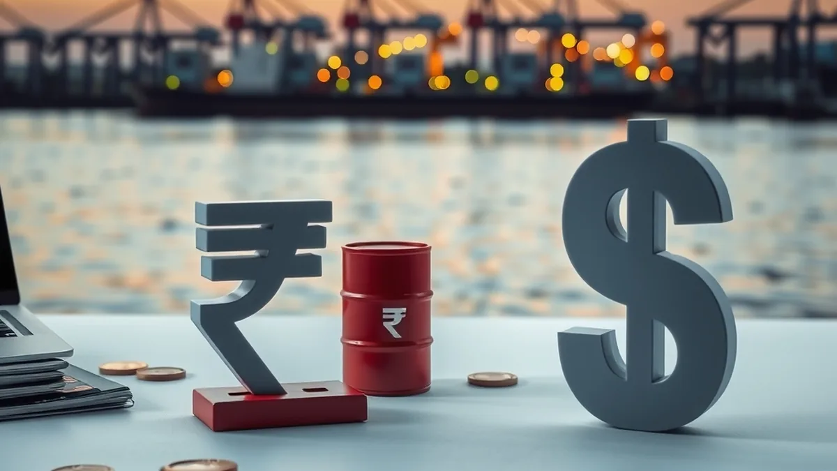 Rupee and dollar symbols beside an oil barrel model, depicting rupee pressure from crude prices