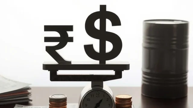 Rupee and dollar symbols on a scale beside an oil barrel, representing the rupee's early trade gain