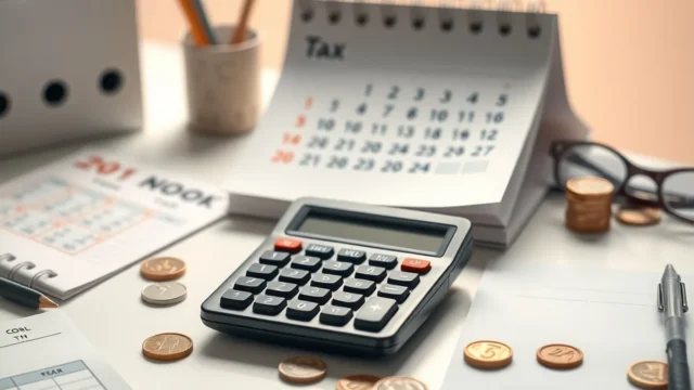 A calendar-style desk scene with a calculator, coins and a small tax ledger in warm office light