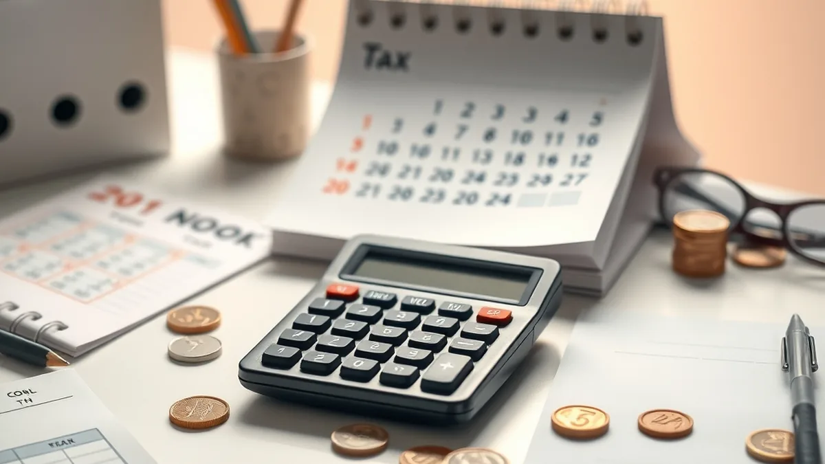 A calendar-style desk scene with a calculator, coins and a small tax ledger in warm office light
