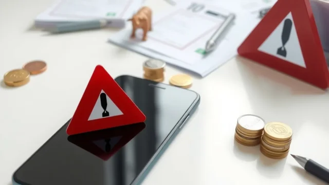 Smartphone with a warning symbol and coins, representing caution over stock tips on messaging apps