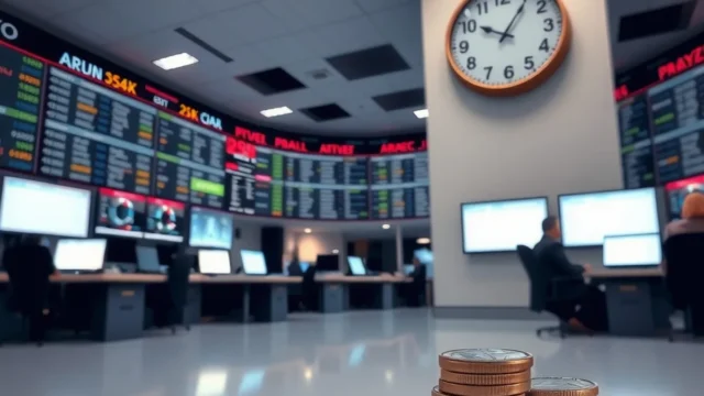 Trading floor at dusk with a wall clock and coins, representing market timings and settlement